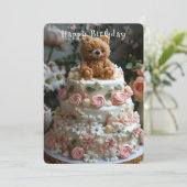 美しいお誕生日ケーキテディベアかわいらしの花 カード (スタンド正面)