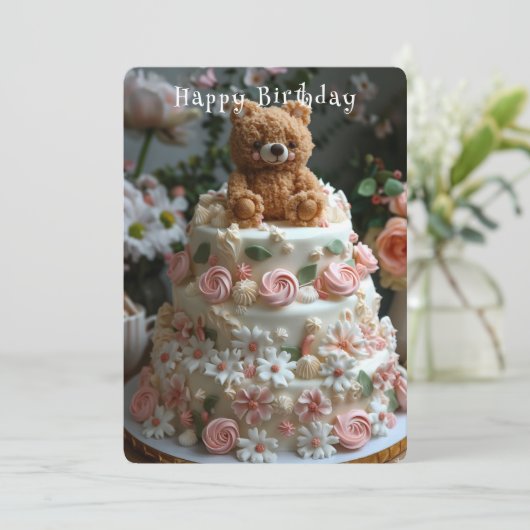美しいお誕生日ケーキテディベアかわいらしの花 カード (スタンド正面)