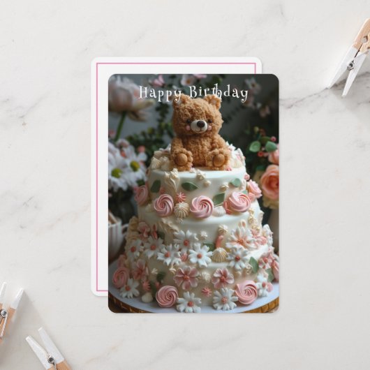 美しいお誕生日ケーキテディベアかわいらしの花 カード (正面/裏面インサイチュ)
