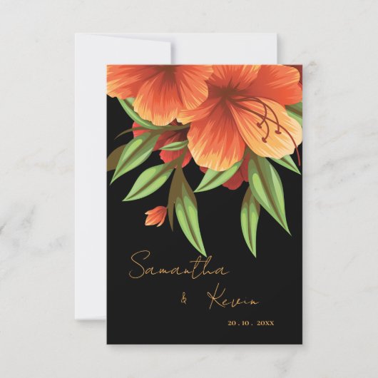 美しいかわいらし濃いムーディオレンジのフローラ結婚ズ 出欠カード (正面)