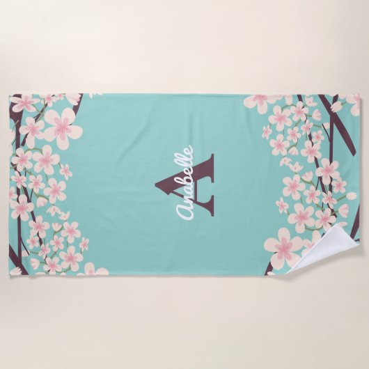 美しいさくらんぼのモノグラムの花 ビーチタオル (正面)