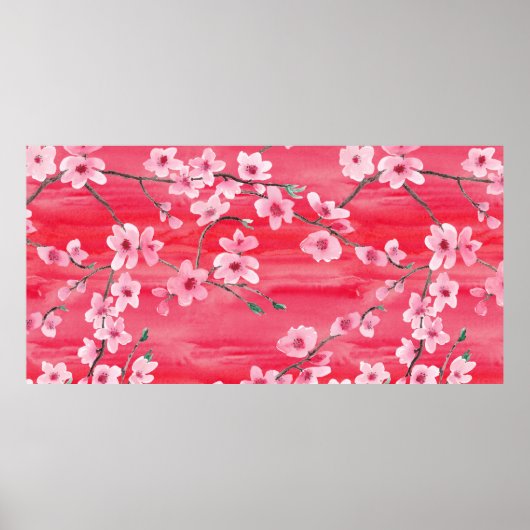 美しいさくらんぼの花とシームレスなパターン ポスター (正面)