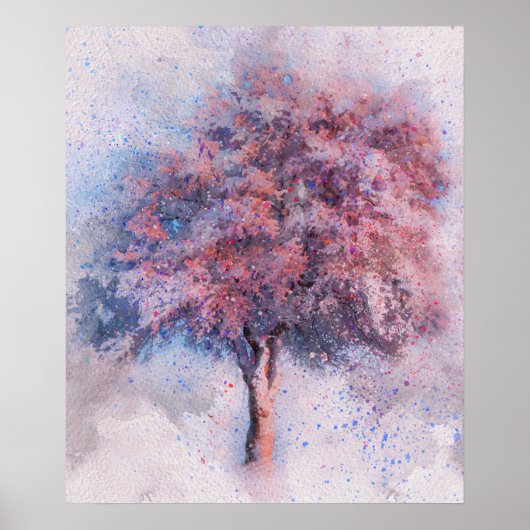 美しいさくらんぼの花の木の絵を描水色 ポスター (正面)