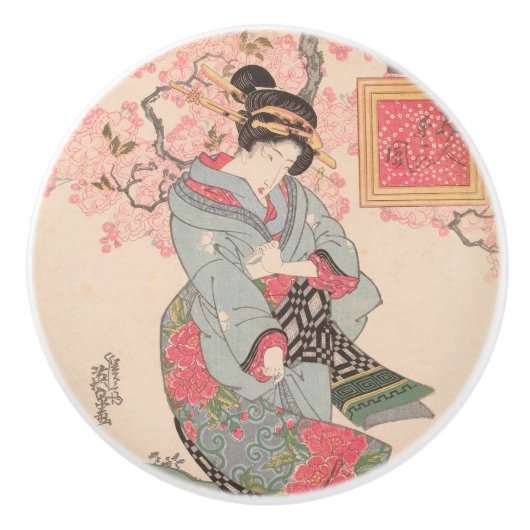 美しいさくらんぼ下ヴィンテージ浮世絵 セラミックノブ (正面)