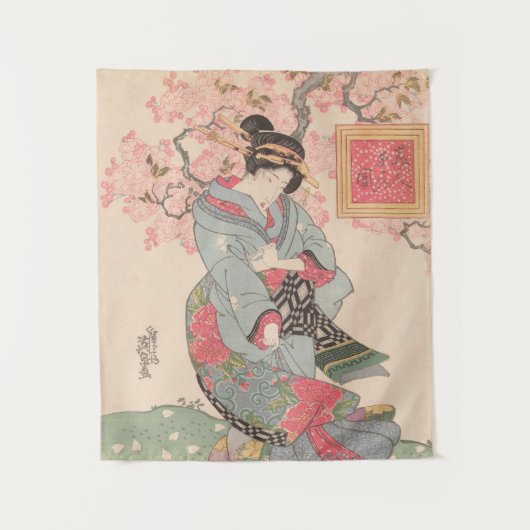 美しいさくらんぼ下ヴィンテージ浮世絵 タペストリー (正面)