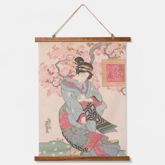 美しいさくらんぼ下ヴィンテージ浮世絵 吊り下げ型タペストリー (正面)