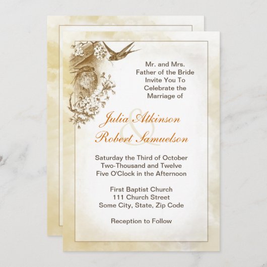 美しいつばめの鳥の結婚式招待状 招待状 (正面/裏面)