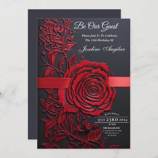 美しいとビーストスウィート16レッドローズ 招待状 (正面/裏面)