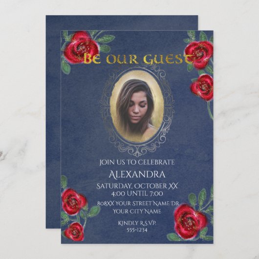 美しいとビーストフェアリーテールブルー鏡写真 招待状 (正面/裏面)