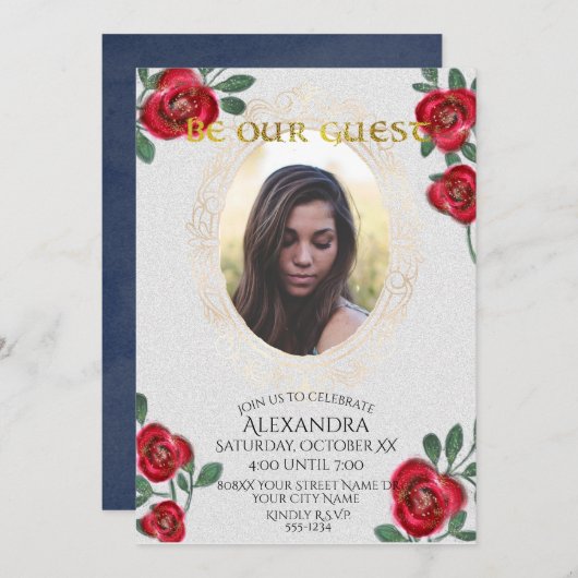 美しいとビーストフェアリー金ゴールド鏡写真 招待状 (正面/裏面)