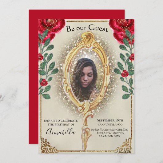 美しいとビーストフォト鏡と赤いバラのイン 招待状 (正面/裏面)