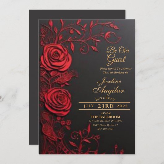 美しいとビーストレッドローズスウィート16招待状 招待状 (正面/裏面)