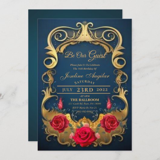 美しいとビーストレッドローズスウィート16招待状 招待状 (正面/裏面)