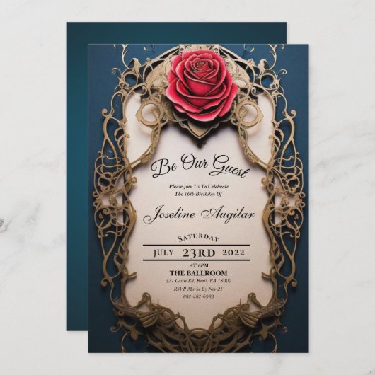 美しいとビースト金ゴールドとレッドローズスウィート16 招待状 (正面/裏面)