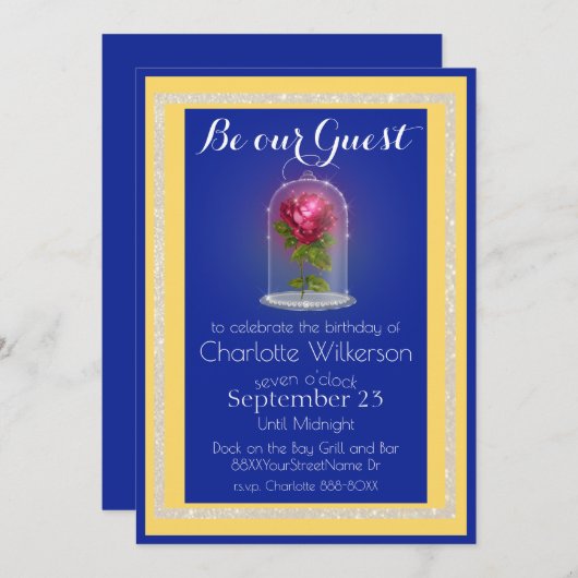 美しいとビースト魔法バラオンブルーとイエロー 招待状 (正面/裏面)