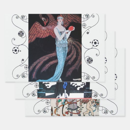 美しいとフェニックスアールデコ女性ファッション ラッピングペーパーシート (セット)