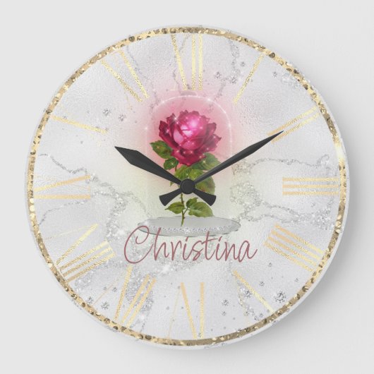 美しいと獣のおとぎ話レッドローズオンマーブル ラージ壁時計 (正面)