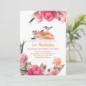 美しいねむるキツネと花の1歳の誕生日 招待状 (スタンド正面)