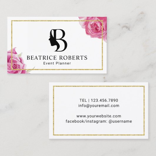 美しいのモノグラムの金ゴールドフレームの花柄を計画するイベント 名刺 (正面/裏面)