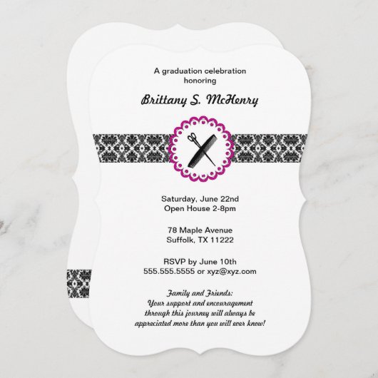 美しいの学校のダマスク織の卒業の招待状のピンク 招待状 (正面/裏面)