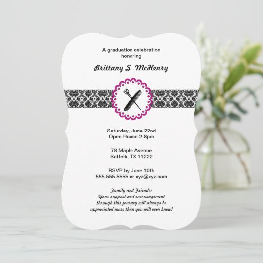 美しいの学校のダマスク織の卒業の招待状のピンク 招待状 (スタンド正面)