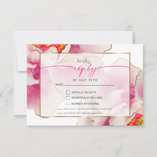 美しいはっきりした緋色の牡丹の食事の選択 出欠カード (正面)