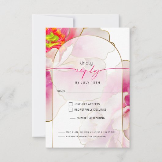 美しいはっきりした緋色の牡丹の食事の選択 出欠カード (正面)