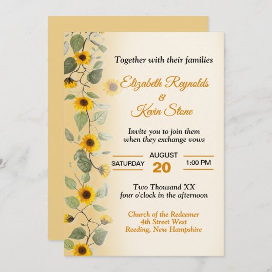 美しいひまわりのウェディング 招待状 (正面/裏面)