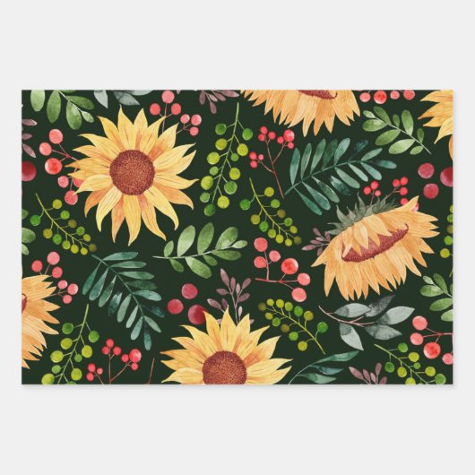 美しいひまわりの花と果実の水色の包み ラッピングペーパーシート (正面3)