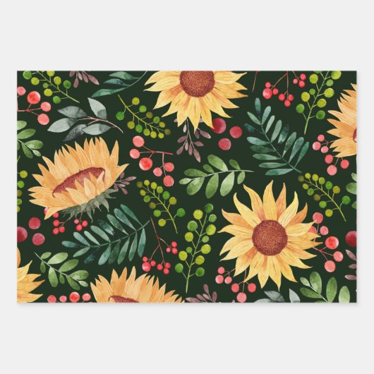 美しいひまわりの花と果実の水色 ラッピングペーパーシート (正面3)
