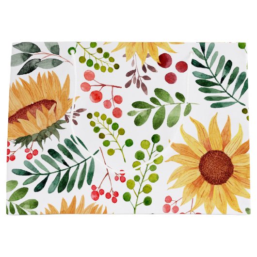美しいひまわりの花と果実の水色 ラージペーパーバッグ (正面)