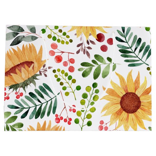 美しいひまわりの花と果実の水色 ラージペーパーバッグ (裏面)