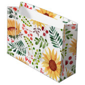 美しいひまわりの花と果実の水色 ラージペーパーバッグ (正面アングル)