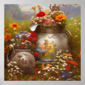 美しいひまわりの花の野花赤白青 ポスター (正面)