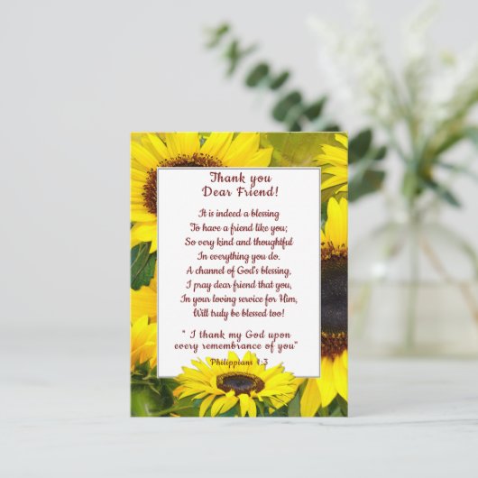 美しいひまわりを添えて、キリスト教の友に感謝を伝える ポストカード (スタンド正面)