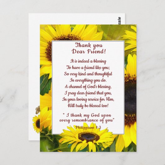 美しいひまわりを添えて、キリスト教の友に感謝を伝える ポストカード (正面/裏面)