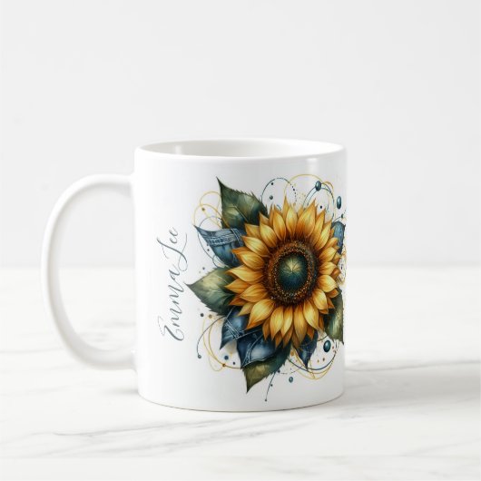 美しいひまわりモノグラムのとデニム コーヒーマグカップ (左)