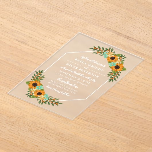 美しいひまわり六角フレーム結婚フローラ アクリル招待状 (レイダウン)
