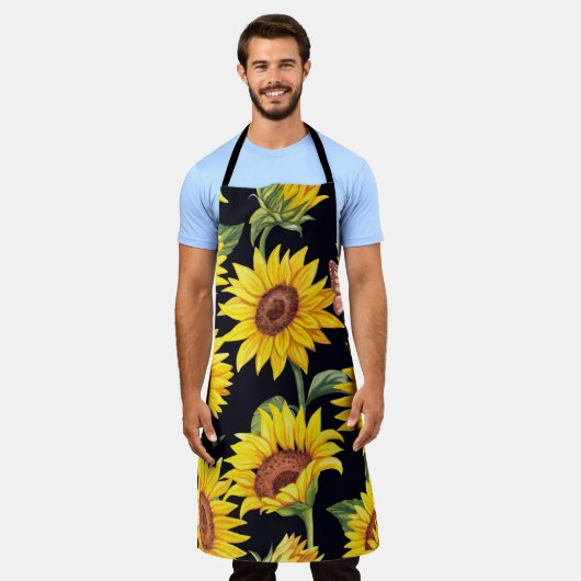 美しいひまわり模様 エプロン (着用した状態)