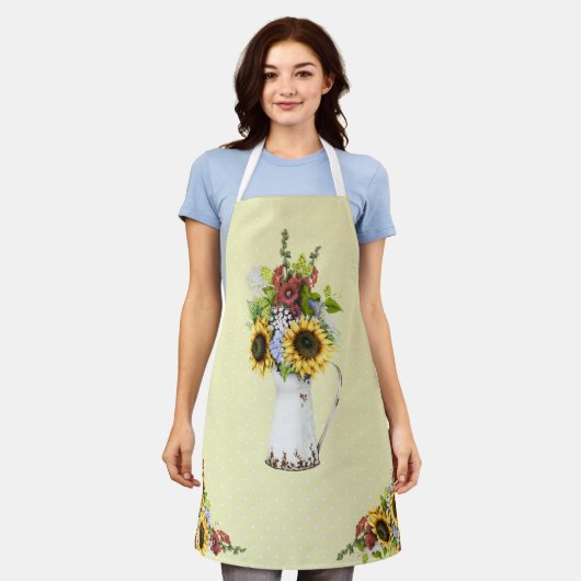 美しいひまわり水彩イエロー水玉模様 エプロン (着用した状態)