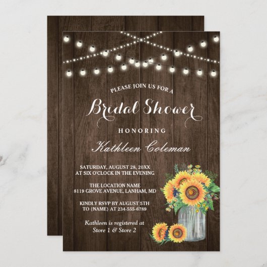 美しいひまわり素朴の木ブライダルシャワー 招待状 (正面/裏面)