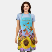 美しいひまわり蝶フラワーガーデン エプロン (着用した状態)