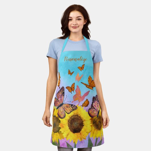 美しいひまわり蝶フラワーガーデン エプロン (着用した状態)