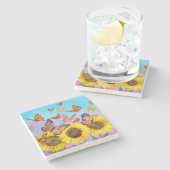 美しいひまわり蝶フラワーガーデン ストーンコースター (横)