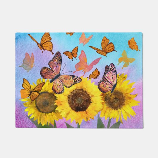 美しいひまわり蝶フラワーガーデン ドアマット (正面)