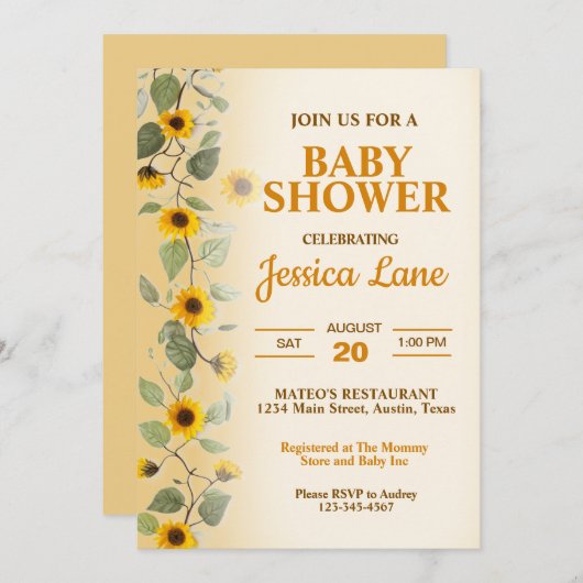 美しいひまわり赤ちゃんシャワー招待状 招待状 (正面/裏面)