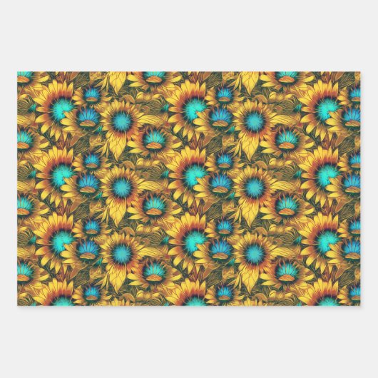 美しいひまわり黄色ティール（緑がかった色）抽象芸術模様 ラッピングペーパーシート (正面2)