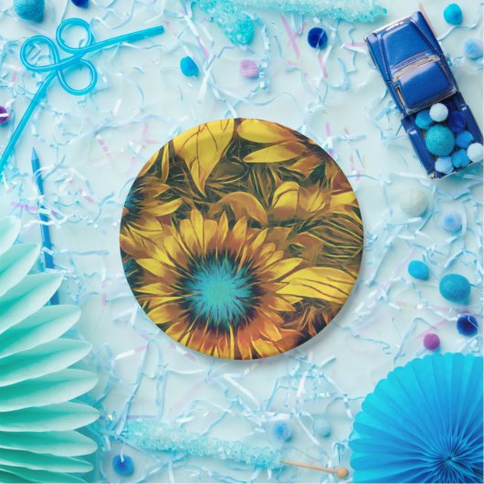 美しいひまわり黄色ティール(緑がかった色)花柄 ペーパープレート (パーティー)