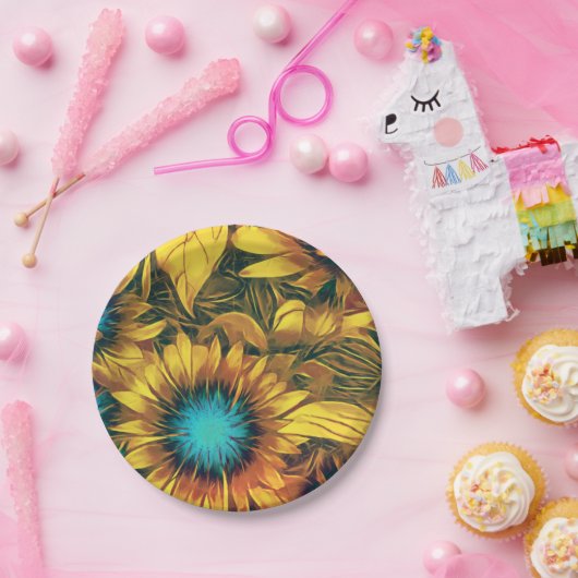 美しいひまわり黄色ティール(緑がかった色)花柄 ペーパープレート (パーティー)