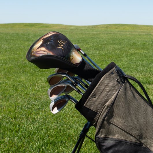 美しいふわふわの黒猫金ゴールドアイズモノグラム ゴルフヘッドカバー (インサイチュ)